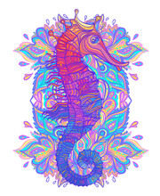 Rainbow Seahorse, Decorative Clorful Vector Illustration Over Ornate Mandala Isolated On White. Color Tattoo Design.