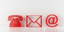 Red Glass Telephone, Envelope Letter And E-mail Symbols On White Wall And Shiny Floor Background, Contact Us Symbols Or Banner