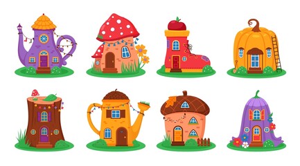 Cartoon fantasy houses. Cute fairy little homes, funny different shapes magical builds, gnome cottage, pretty mushroom, pumpkin and acorn. Purple flower, teapots and boots shapes vector set