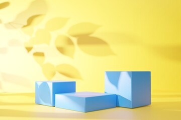 Wall Mural - Blue podium and leaf shadow on yellow abstract background.