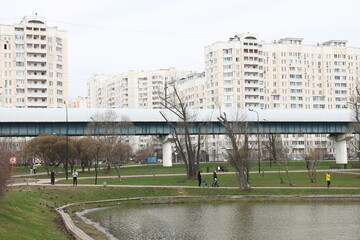 Landscape park and pond in Butovo, Moscow, spring April 2022.