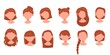 © YummyBuum - Woman hairstyles. Female trendy haircuts, brown haired girls head portraits, salon catalog, different lengths wigs on mannequins, professional hair style in beauty salon vector isolated set