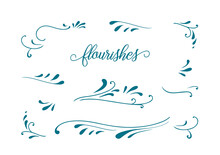 Flourish Design Element Set, Hand Drawn Curls And Line Art Border Design Vector, Wedding Invitation Decoration In Blue Ink, Book Title Or Paragraph Underline, Fancy Frame, Elegant Scrapbook Clip Art