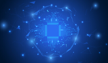 Leinwandbilder - Abstract blue technology CPU chip processor, circuit board electronic line data connection in polygon plexus element circle structure frame futuristic concept vector.
