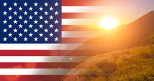 Fourth July Celebration, American Flag Banner, Blue Sky, Sunset In The Mountains Freedom,independence And Memorial Day,double Exposure
