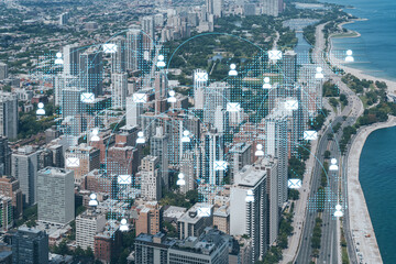 Aerial panorama city of Chicago downtown area and Lake, day time, Illinois, USA. Birds eye view, skyscrapers. Social media hologram. Concept of networking and establishing new people connections