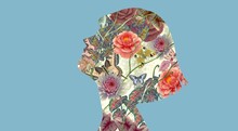 Flowers And Butterfly In A Women Face. Portrait Artwork. Concept Art Of Nature And Botanical. Collage Painting.