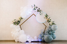Wedding Arch. Birthday Decorations - Balloons, Garland And Decor For Party On A Wall Background. Celebration Baptism Concept. Trendy Autumn Decor.