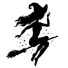 Witch On Broom Silhouette. Vector Halloween Flying Witch Girl. Magic Illustration Of Sexy Beautiful Girl On Broomstick. Cute Woman In Hat Black Silhouette Background. Night Fairy Art. Magician Fantasy