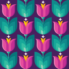 Flowers And Leaves Background Design. Abstract Geometric Seamless Pattern. Decoration Floral Ornament In Retro Vintage Design Style. Red Tulip Flowers. Mid-century Modern Vector Artwork