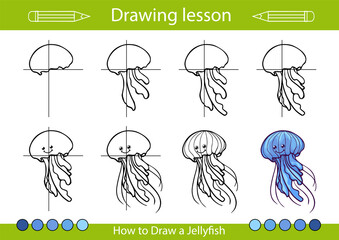 Poster - Drawing tutorial step by step lesson. How to draw a jellyfish? Educations worksheet and activity page. Vector illustration for children art.