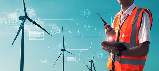 Wall Mural - Engineering man inspecting wind turbine farm plantation factory with tablet check up of performance, eco environmentally sustainable energy power resources for planet and homes, graphical banner