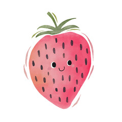 Wall Mural - Watercolor cute strawberry cartoon character.