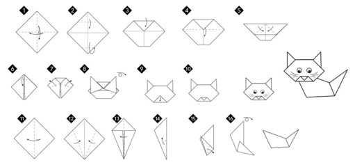 Poster - How to make origami cat. Black line monochrome step by step instructions. Easy DIY for kids.