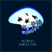 World Turtle Day. Turtle Swims In The Ocean Against. Vector Illustration.