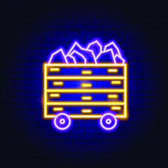 Wall Mural - Cart with Coal Neon Sign. Vector Illustration of Charcoal Promotion.