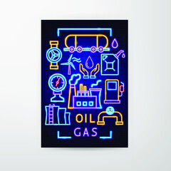 Poster - Oil Gas Neon Flyer. Vector Illustration of Industrial Promotion.