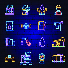 Sticker - Oil Gas Neon Icons. Vector Illustration of Industry Energy Promotion.