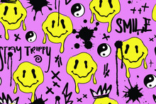 Graffiti Groovy Style Melting Face Drawings. Seamless Pattern Repeating Texture Background Design For Fashion Graphics, Textile Prints, Fabrics.