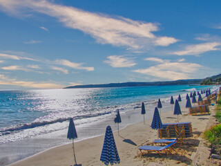 Kefalonia beach with umbrellas, Greece