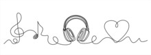 One Line Headphones. Continuous Drawing Of Music Gadget And Note. Audio Headphone Outline Sketch. Lineart Vector Concept Of Musical Symbol. Illustration Headphone Drawing Contour Monoline