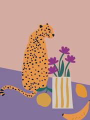 leopard with vase and flowers flat vector illustration background