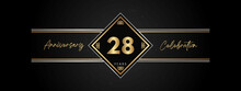 28 Years Anniversary Golden Color With Decorative Frame Isolated On Black Background For Anniversary Celebration Event, Birthday Party, Brochure, Greeting Card. 28 Year Anniversary Template Design