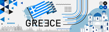 Greece National Day Banner With Greek Flag Colors Theme Background And Geometric Abstract Retro Modern Blue Design. Landmark Of Athens Greece, Celebration Of Independence Day.