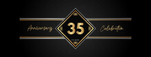 35 Years Anniversary Golden Color With Decorative Frame Isolated On Black Background For Anniversary Celebration Event, Birthday Party, Brochure, Greeting Card. 35 Year Anniversary Template Design