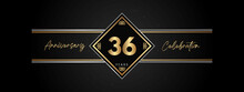 36 Years Anniversary Golden Color With Decorative Frame Isolated On Black Background For Anniversary Celebration Event, Birthday Party, Brochure, Greeting Card. 36 Year Anniversary Template Design