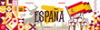Spain national day banner for España , Espana or Espania with abstract modern design. Flag and map of Spain with typography  red yellow color theme. Barcelona  Madrid skyline in background with bull