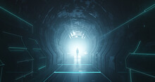 Dark Abstract Sci Fi Tunnel Background. Man Standing With Glowing Light Rays. 3d Rendering