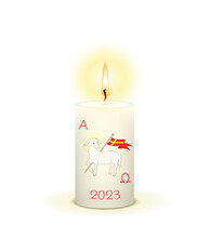 Weiße Brennende Osterkerze, Mit Osterlamm Und Alpha Omega Symbol, 
Kerze Zu Ostern Mit Jahreszahl 2022
Vektor Illustration Isoliert Auf Weißem Hintergrund
