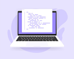 Software development and programming, program code on laptop screen. Vector illustration.