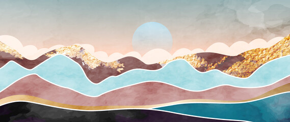 Wall Mural - Luxury abstract art background with mountains and hills in a watercolor style. Vector banner with hills, mountains and sun for decoration, wallpaper, packaging, fabric, mural
