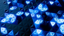 Illuminated, Blue Polygonal Surface With Tetrahedrons. High Tech, Neon 3d Wallpaper.