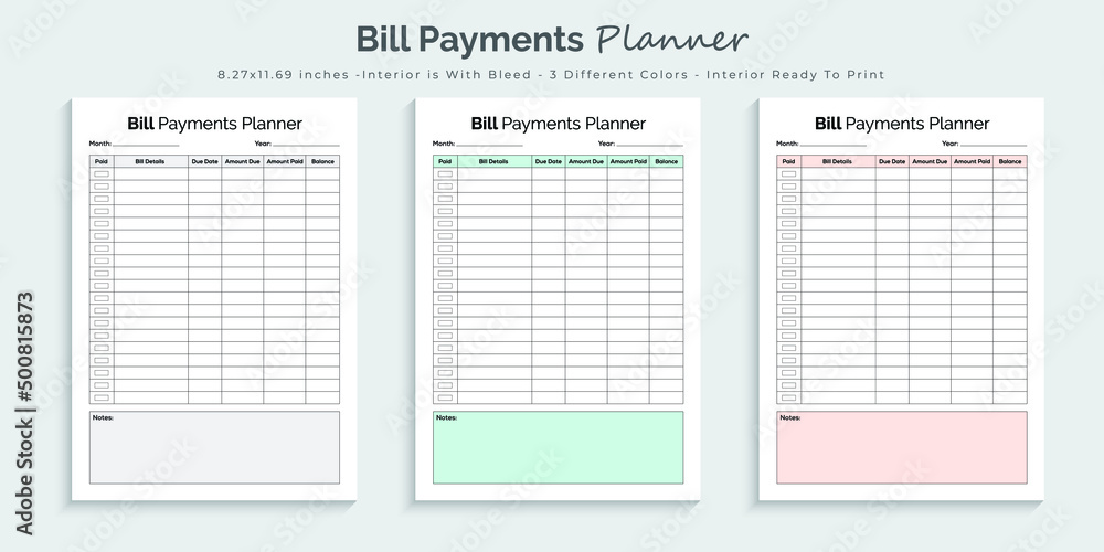Bill payments planner logbook and tracker printable kdp interior design ...