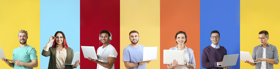 Group of young programmers with laptops on color background with space for text