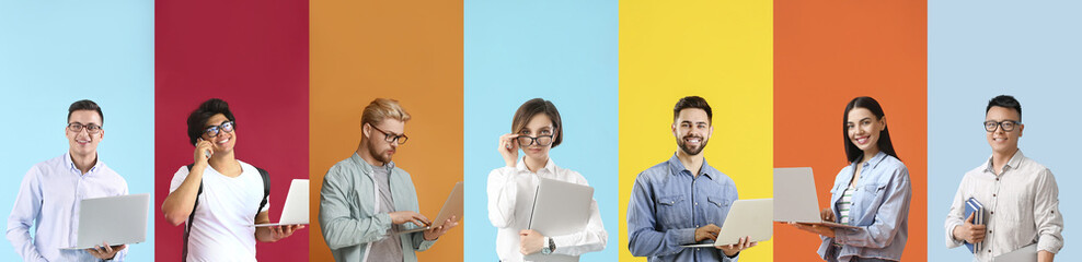 Group of young programmers with laptops on color background with space for text