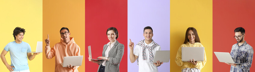 Group of young programmers with laptops on color background with space for text