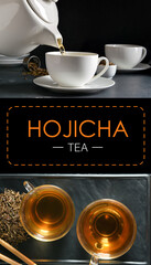 Collage of tasty hojicha green tea in cups on dark background