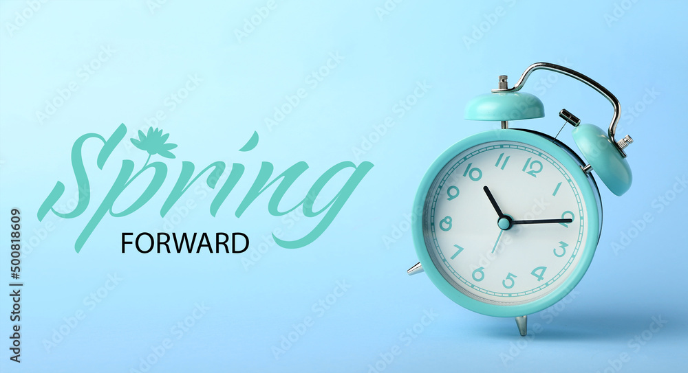 Spring Forward Blue Clock Alarm clock on blue background. Spring forward Stock Photo | Adobe Stock
