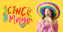 Greeting Card For Cinco De Mayo (Fifth Of May) With Beautiful Young Woman In Sombrero Hat Eating Tasty Taco