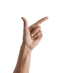 Wall Mural - Young male hand showing something on white background