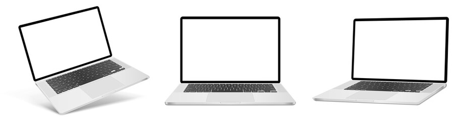 Realistic laptop mockup with blank screen isolated on white background, perspective laptop mock up different angles views