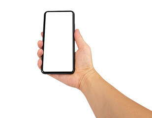 Close up point of view male holding phone on white blank screen for montage mockup display device.