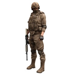 Soldier with a machine gun isolated white background 3d illustration