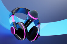 Microphone, Round Shape Model And  Wireless Headphones On   Blue Background, Realistic 3d Illustration. Music Award, Karaoke, Radio And Recording Studio Sound Equipment