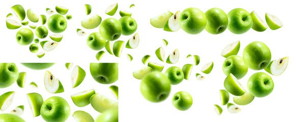 Wall Mural - A set of photos. A group of green apples levitating on a white background