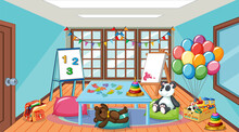 Empty Kindergarten Classroom Interior With Many Kid Toys